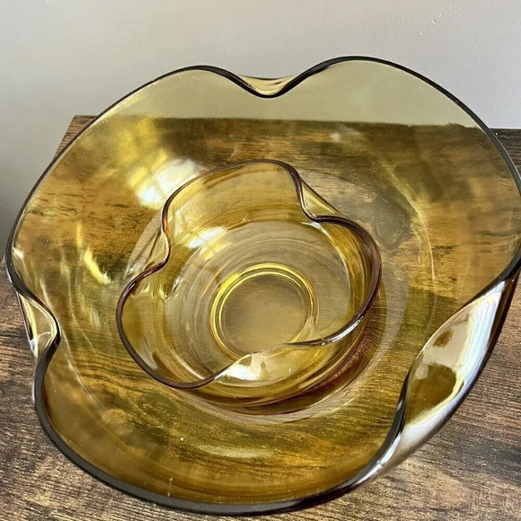 Vintage| Anchor Hocking "Accent Modern" Chip and Dip Set in Honey Gold Amber MCM - Picture 2 of 4